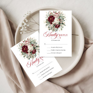 Boho Burgundy Flowers Greenery Gold Wedding RSVP Card