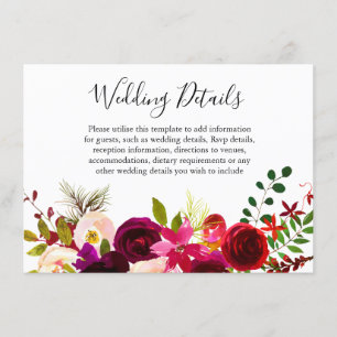 Boho Burgundy Flowers Spring Fall Wedding Details Enclosure Card