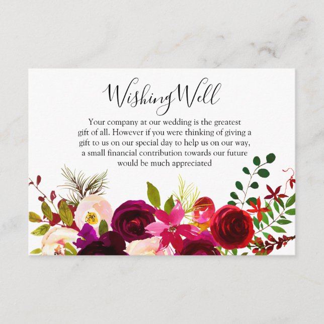 Boho Burgundy Flowers Spring Wedding Wishing Well Enclosure Card (Front)