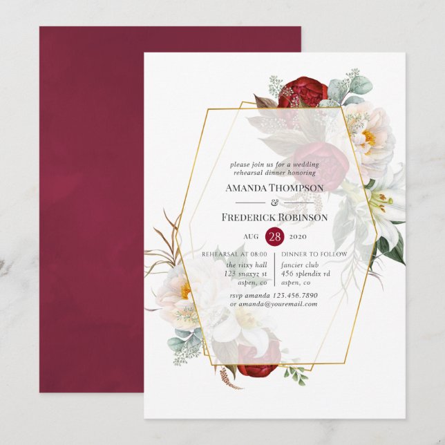 Boho Burgundy Geometric Floral Rehearsal Dinner Invitation (Front/Back)