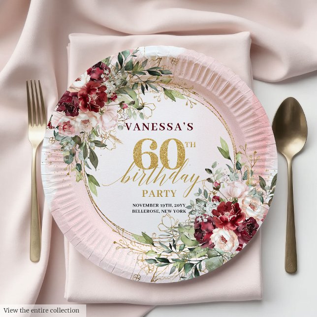 Boho Burgundy Gold Floral Elegant 60th Birthday  Paper Plate (Boho Burgundy Gold Floral Elegant 60th Birthday Plates)