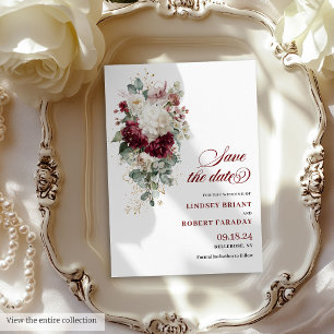 Boho burgundy gold roses save the date wedding invitation