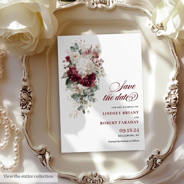 Boho burgundy gold roses save the date wedding  invitation (Boho Burgundy White Floral Save The Date Card)