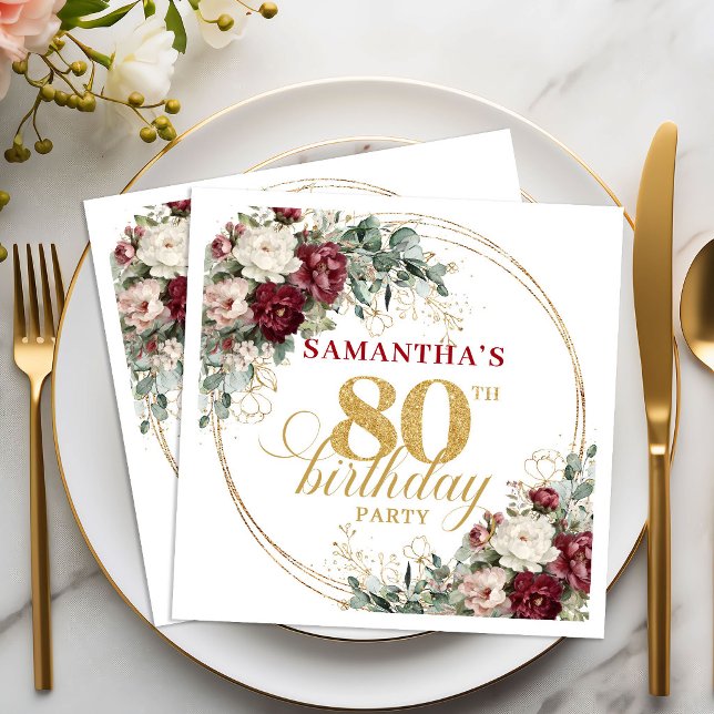 Boho Burgundy Greenery 80th Birthday Napkins (Boho Burgundy Greenery 80th Birthday Napkins)