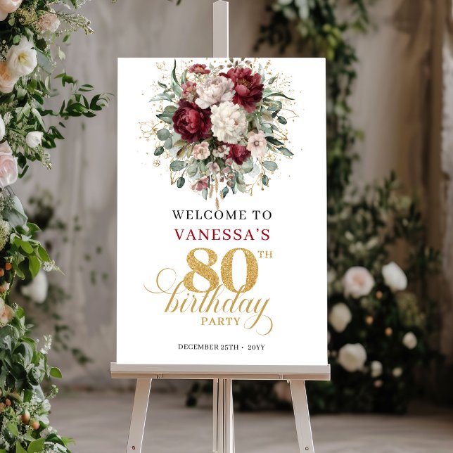 Boho Burgundy Greenery 80th Birthday Welcome Sign (Boho Burgundy Greenery 80th Birthday Welcome Sign)