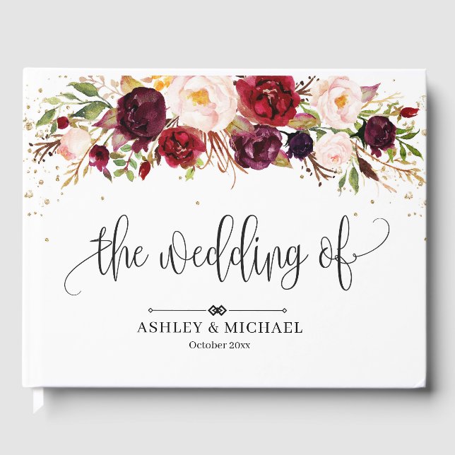Boho Burgundy marsala blush pink floral wedding Guest Book (Front)