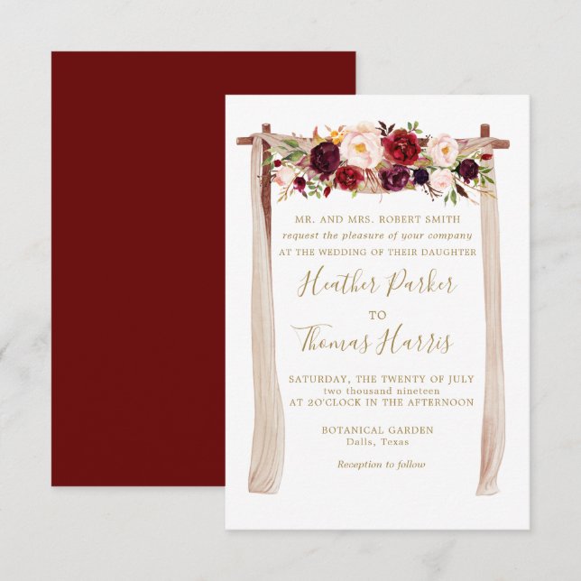 Boho Burgundy Marsala Floral Arch Wedding Invitation (Front/Back)