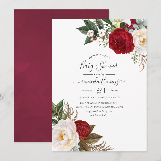 Boho Burgundy - Marsala Floral Baby Shower Invitation (Front/Back)