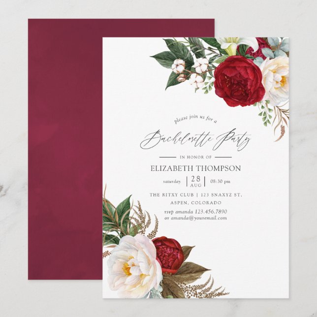 Boho Burgundy - Marsala Floral Bachelorette Party Invitation (Front/Back)
