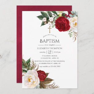 Boho Burgundy - Marsala Floral Baptism Invitation