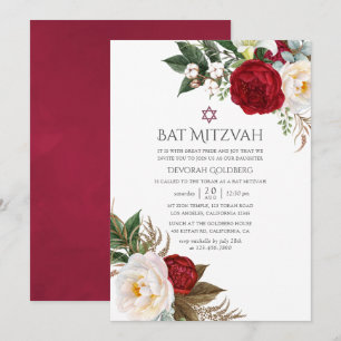 Boho Burgundy - Marsala Floral Bat Mitzvah Invitation