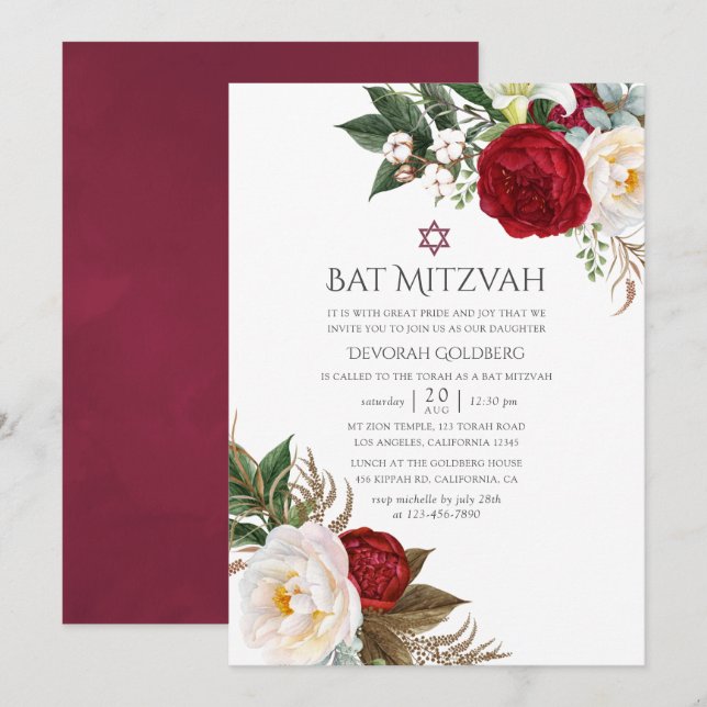 Boho Burgundy - Marsala Floral Bat Mitzvah Invitation (Front/Back)