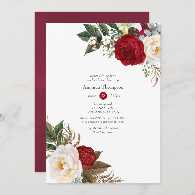 Boho Burgundy - Marsala Floral Bridal Shower Invitation (Front/Back)