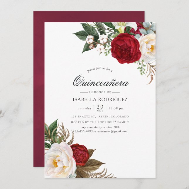 Boho Burgundy - Marsala Floral Quinceañera Invitation (Front/Back)
