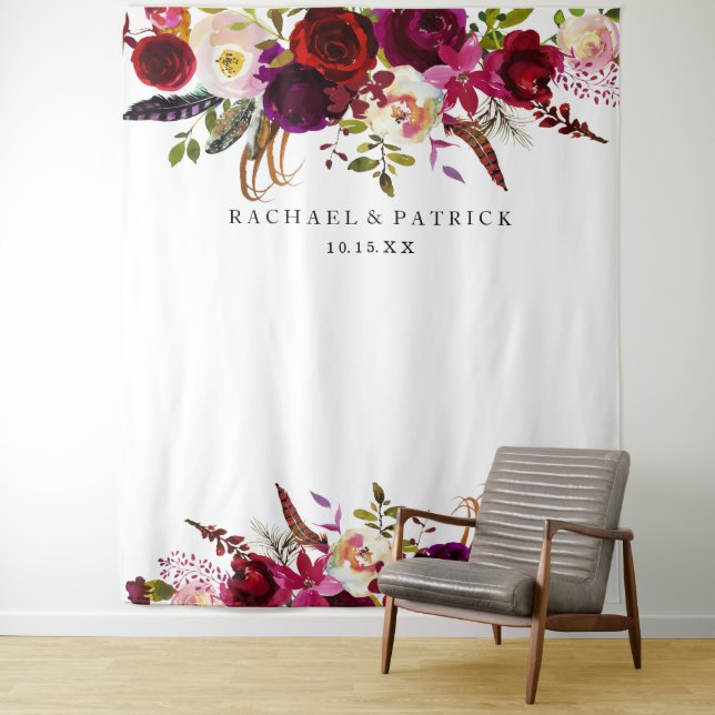 Boho Burgundy Marsala Floral Wedding Backdrop Tapestry (In Situ)