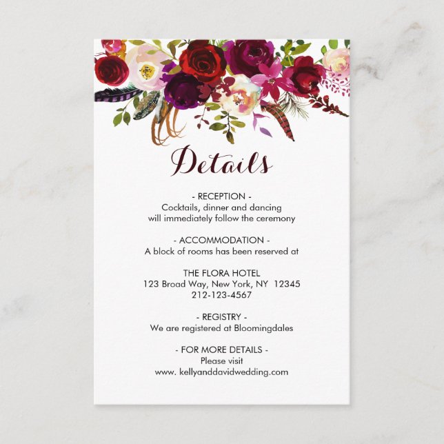 Boho Burgundy Marsala Floral Wedding Details Info Enclosure Card (Front)