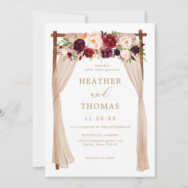 Boho Burgundy Marsala Floral Wedding Invitation (Front)