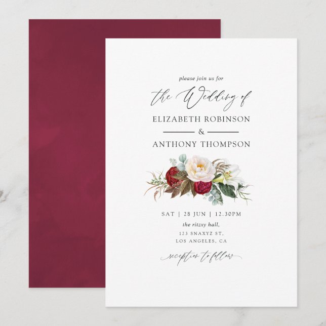 Boho Burgundy - Marsala Floral Wedding Invitation (Front/Back)