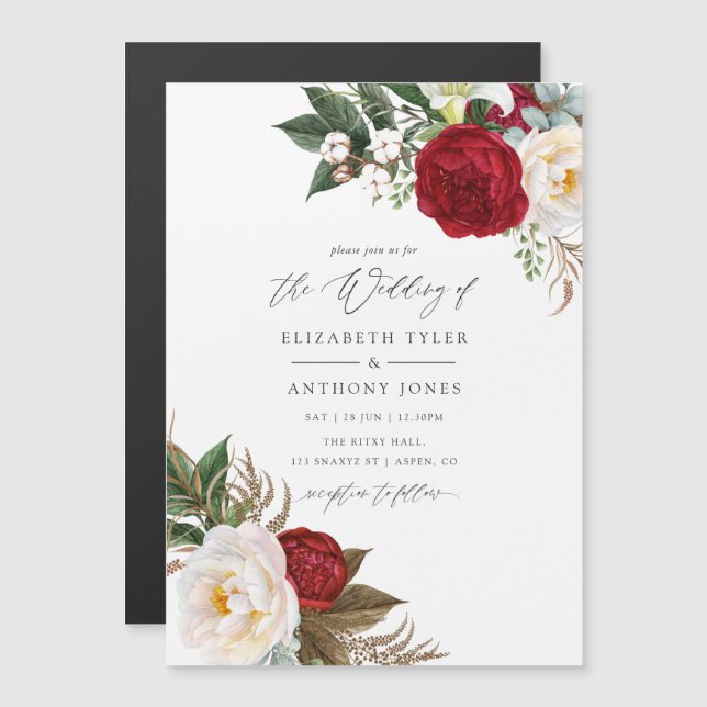 Boho Burgundy - Marsala Floral Wedding Magnetic Invitation (Front/Back)
