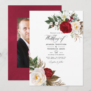 Boho Burgundy - Marsala Floral Wedding Photo Invitation