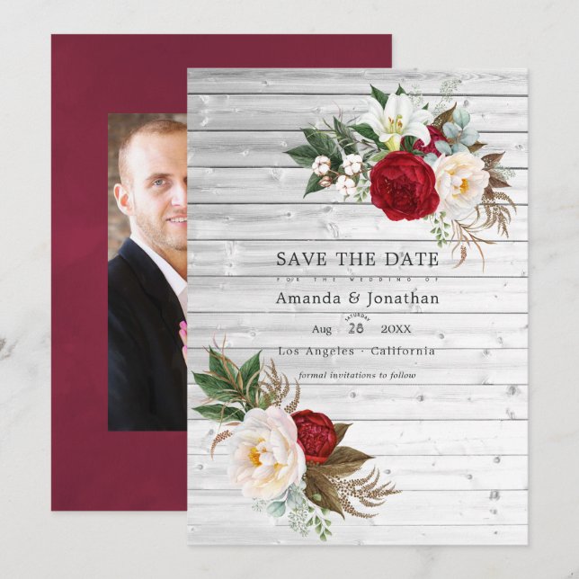 Boho Burgundy - Marsala Floral Wedding Photo Save The Date (Front/Back)