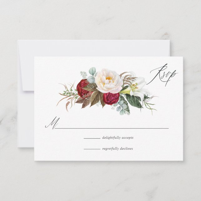 Boho Burgundy - Marsala Floral Wedding RSVP Card (Front)