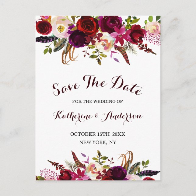 Boho Burgundy Marsala Floral Wedding Save the Date Announcement Postcard (Front)