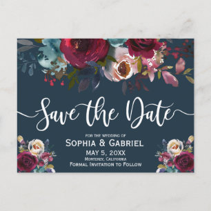 Boho Burgundy Marsala Navy Floral Save the Date Announcement Postcard