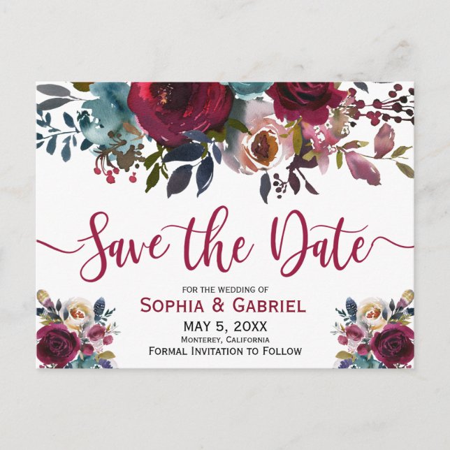 Boho Burgundy Marsala Navy Floral Save the Date Announcement Postcard (Front)