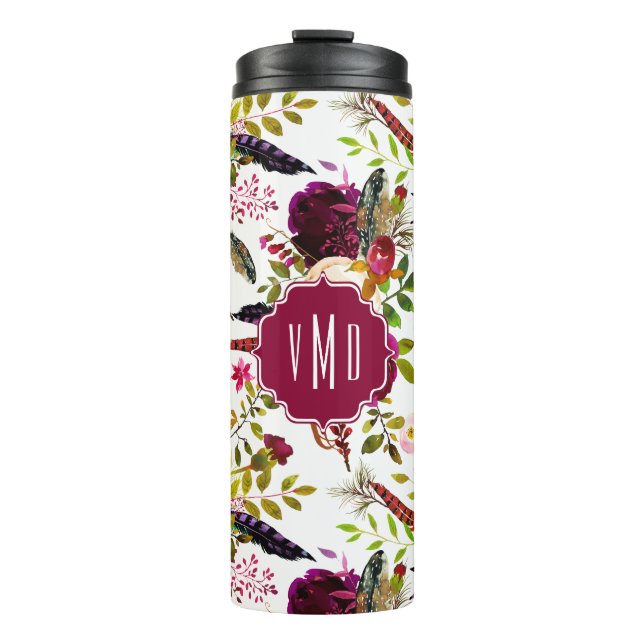 Boho Burgundy Marsala Watercolor Floral monogram Thermal Tumbler (Front)