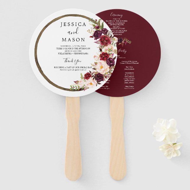 Boho Burgundy Marsala Wedding Fan Program (Front and Back)