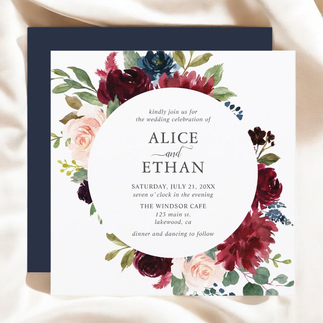 Boho Burgundy Navy Blue Flowers Elegant Invitation (Creator Uploaded)