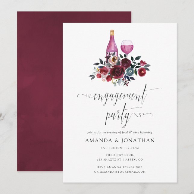 Boho Burgundy & Navy Engagement Party Wine Tasting Invitation (Front/Back)