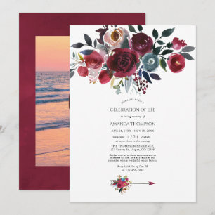 Boho Burgundy & Navy Floral Celebration of Life Invitation