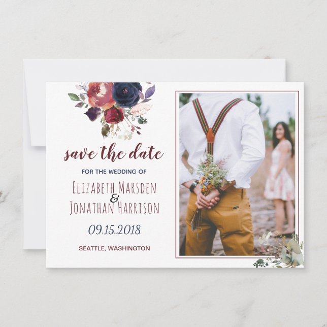 Boho Burgundy Navy Floral Photo Save The Date (Front)