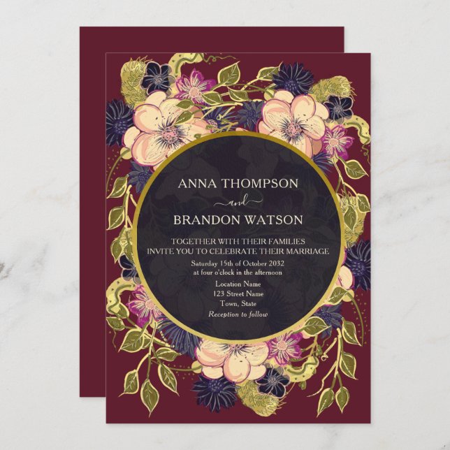 Boho Burgundy Navy Floral Wedding Invite (Front/Back)