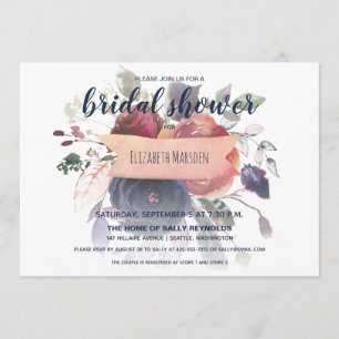Boho Burgundy Navy Rose Gold Floral Bridal Shower Invitation