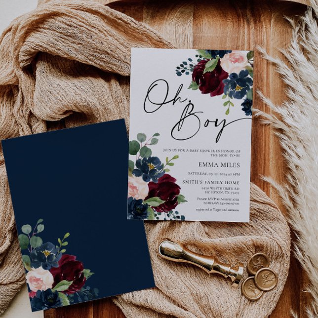 Boho Burgundy Oh Boy Baby Shower Invitation (Creator Uploaded)