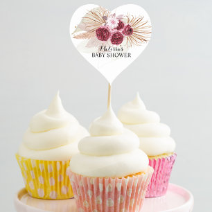Boho Burgundy Pampas Grass cupcake toppers Heart Sticker