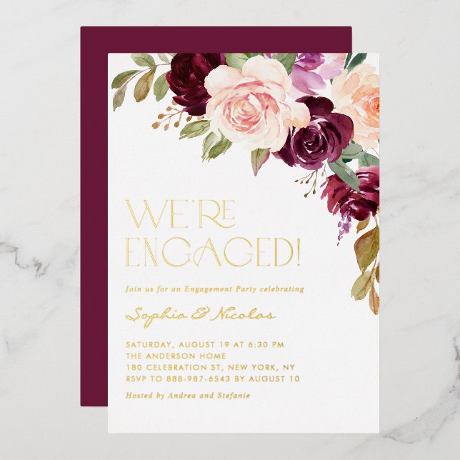 Boho Burgundy Peach Flowers Fall Engagement Party (Front/Back)