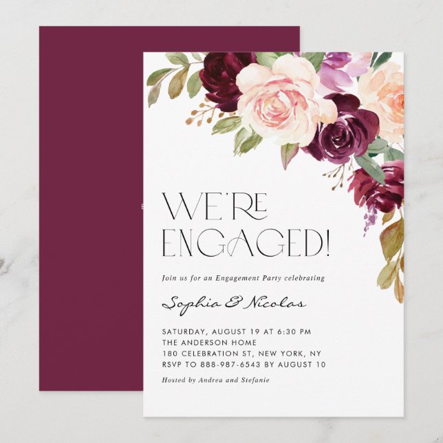 Boho Burgundy Peach Flowers Fall Engagement Party Invitation (Front/Back)