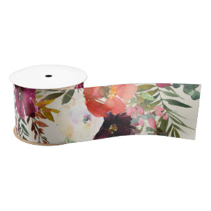 Boho Burgundy + Peach Watercolor Floral Ribbon Satin Ribbon