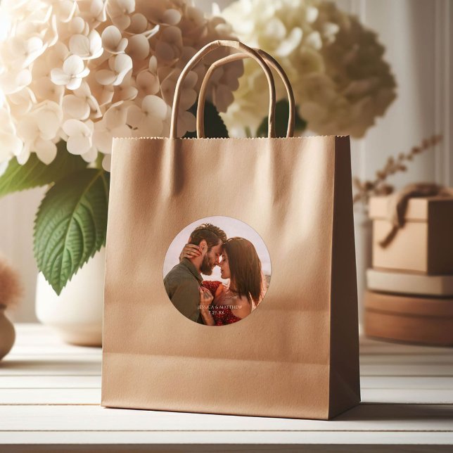 Boho Burgundy Photo Wedding Classic Round Sticker (Creator Uploaded)