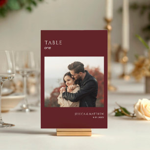 Boho Burgundy Photo Wedding Table Number