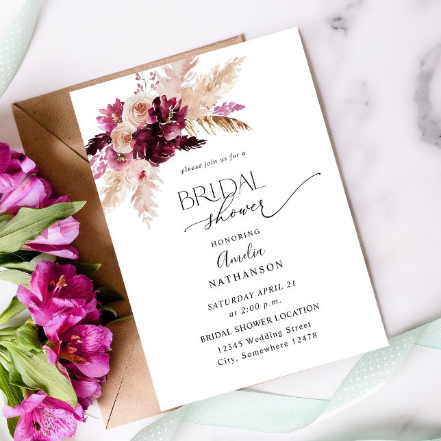 Boho Burgundy & Pink Floral Bridal Shower Invitation (Creator Uploaded)