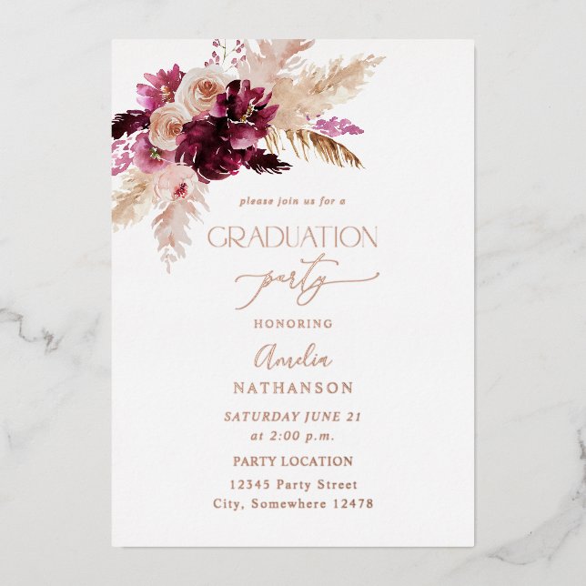 Boho Burgundy & Pink Floral Graduation Party Full (Front)