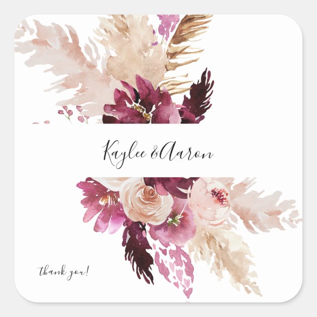 Boho Burgundy & Pink Floral Pampas Grass Thank You Square Sticker (Front)