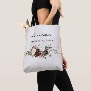 Boho Burgundy Pink Floral Script Maid of Honour Tote Bag