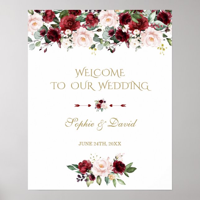 Boho Burgundy Pink Floral Welcome Wedding Sign (Front)