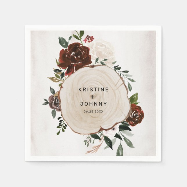 Boho Burgundy Pink Rose Floral Wood Slice Wedding Napkin (Front)
